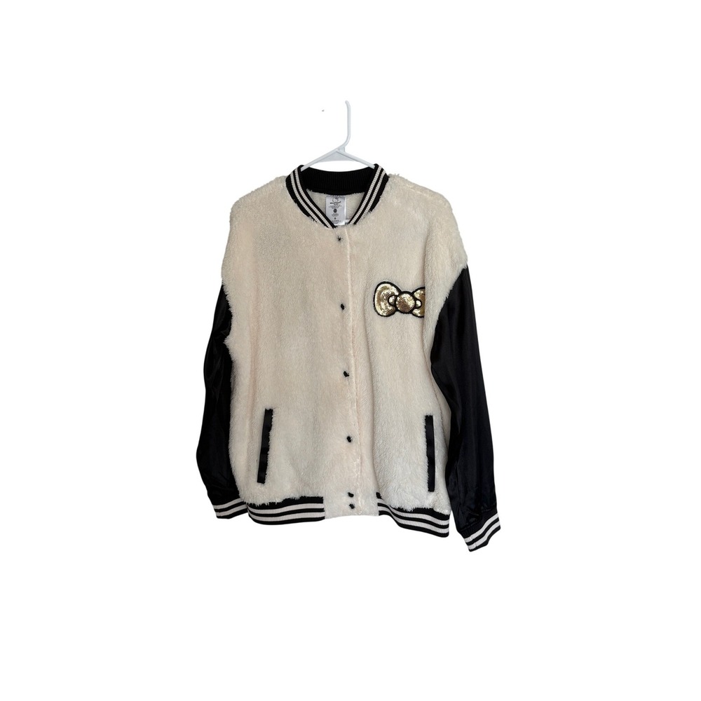 Hello Kitty Sanrio Sherpa Varsity Jacket Womens S Black White 2025 NWT